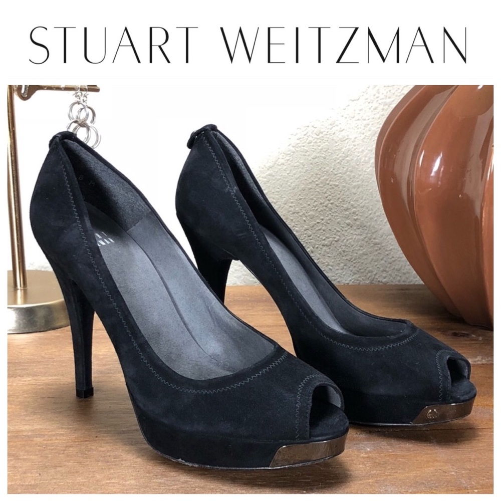 Stuart Weitzman Black Suede Platform Peep Toe Heel